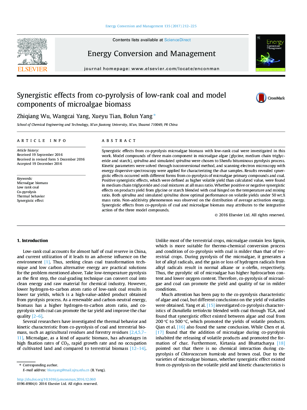 Synergistic effects from co-pyrolysis of low-rank coal and model components of microalgae biomass