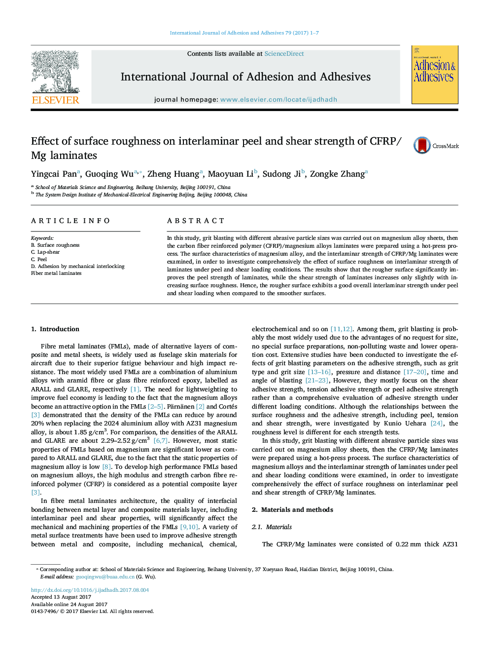 Effect of surface roughness on interlaminar peel and shear strength of CFRP/Mg laminates