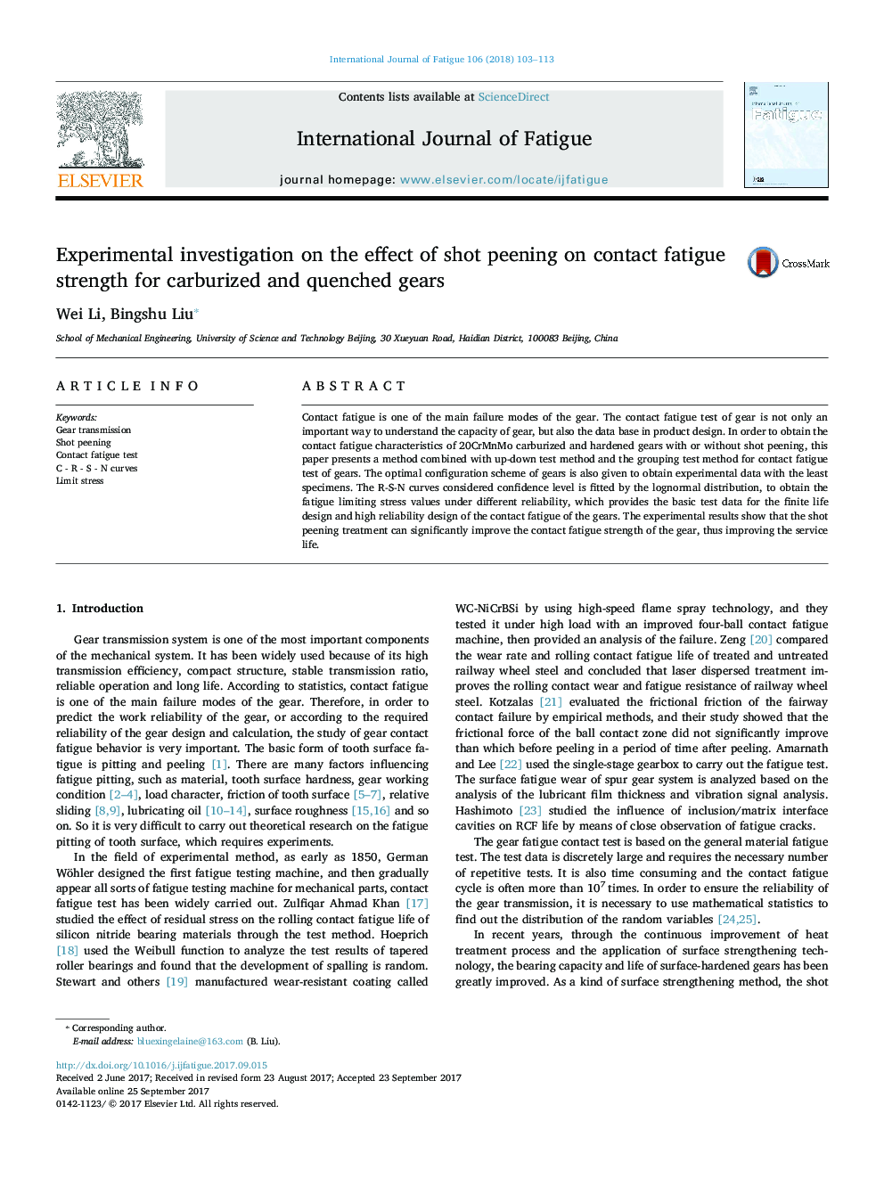 Experimental investigation on the effect of shot peening on contact fatigue strength for carburized and quenched gears