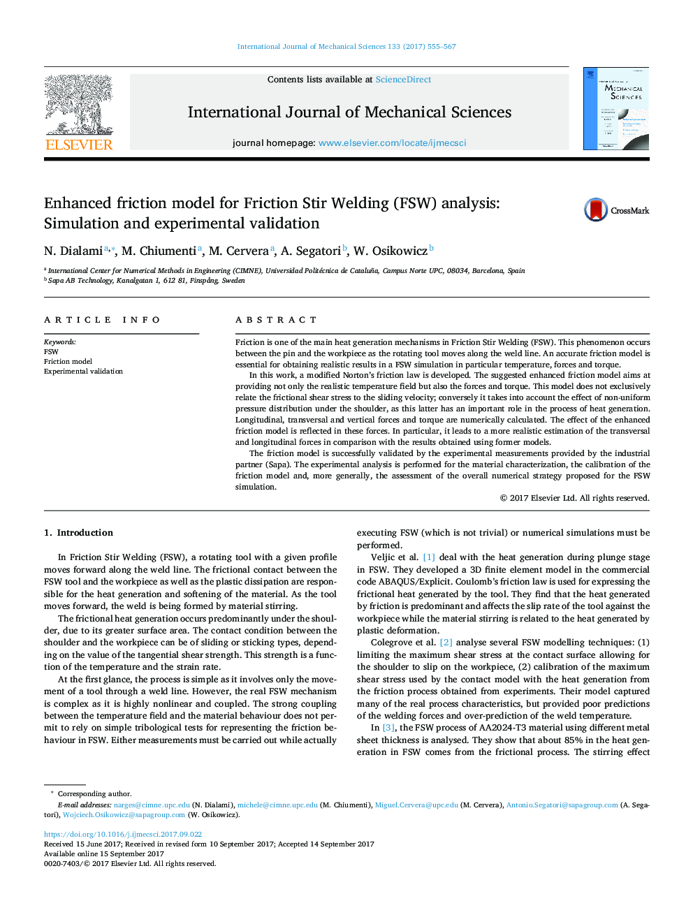 Enhanced friction model for Friction Stir Welding (FSW) analysis: Simulation and experimental validation