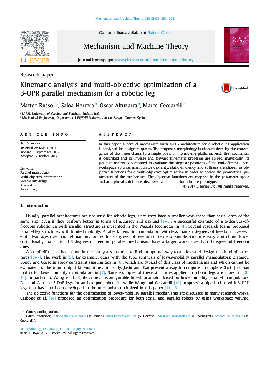 Kinematic analysis and multi-objective optimization of a 3-UPR parallel mechanism for a robotic leg