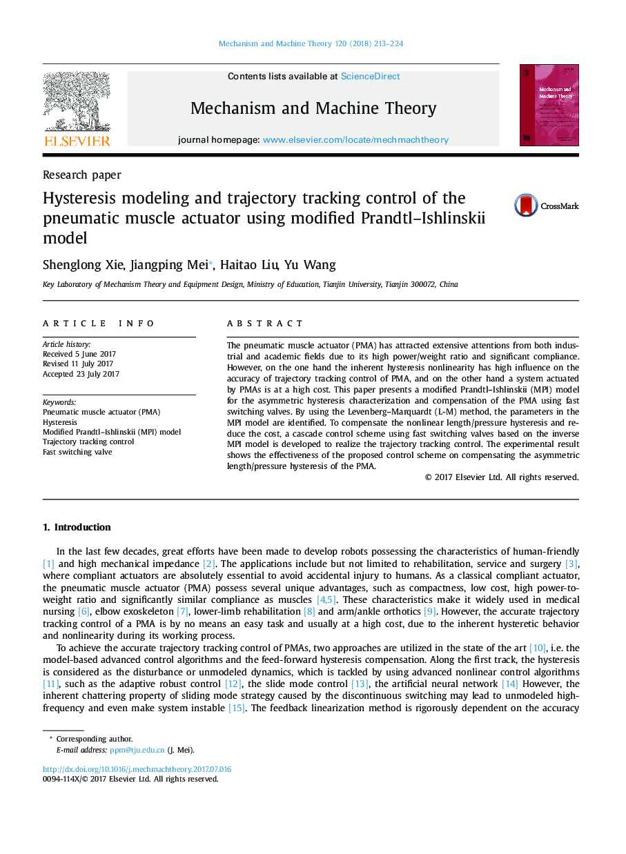 Hysteresis modeling and trajectory tracking control of the pneumatic muscle actuator using modified Prandtl-Ishlinskii model