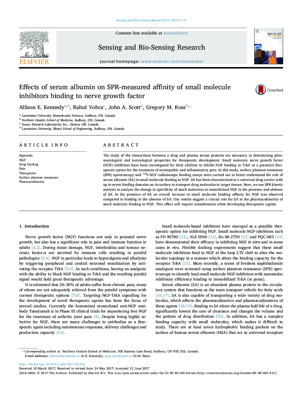 Effects of serum albumin on SPR-measured affinity of small molecule inhibitors binding to nerve growth factor