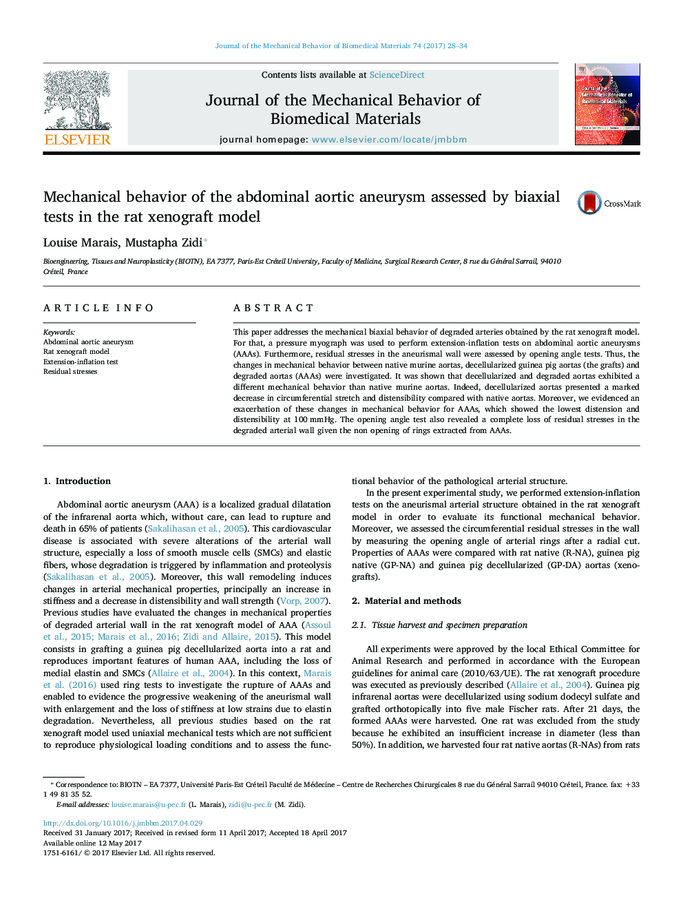 Mechanical behavior of the abdominal aortic aneurysm assessed by biaxial tests in the rat xenograft model