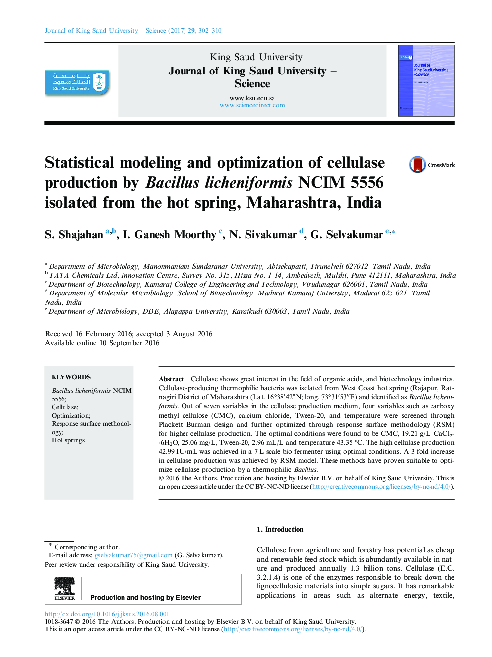 Statistical modeling and optimization of cellulase production by Bacillus licheniformis NCIM 5556 isolated from the hot spring, Maharashtra, India