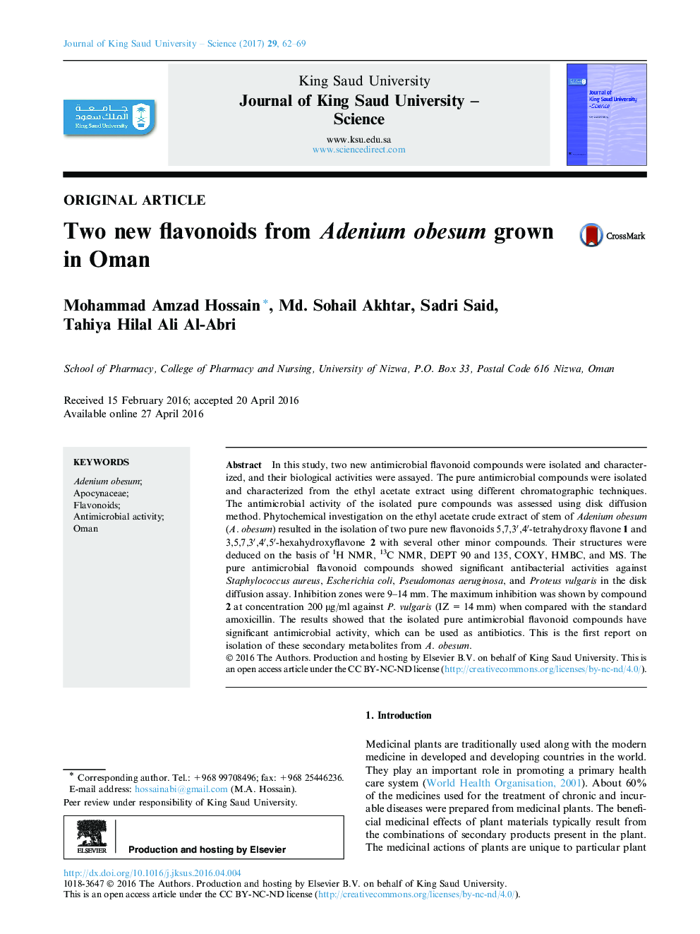 Two new flavonoids from Adenium obesum grown in Oman