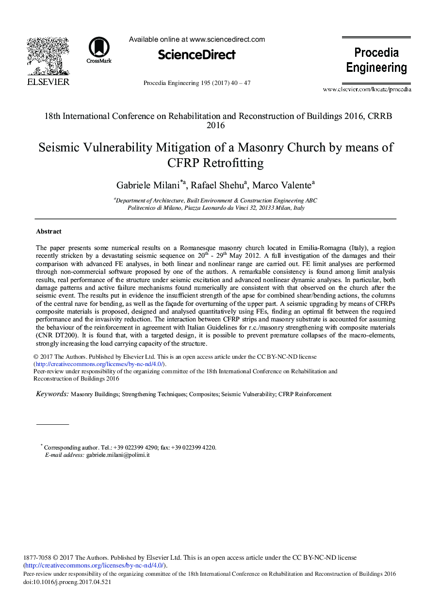 Seismic Vulnerability Mitigation of a Masonry Church by Means of CFRP Retrofitting