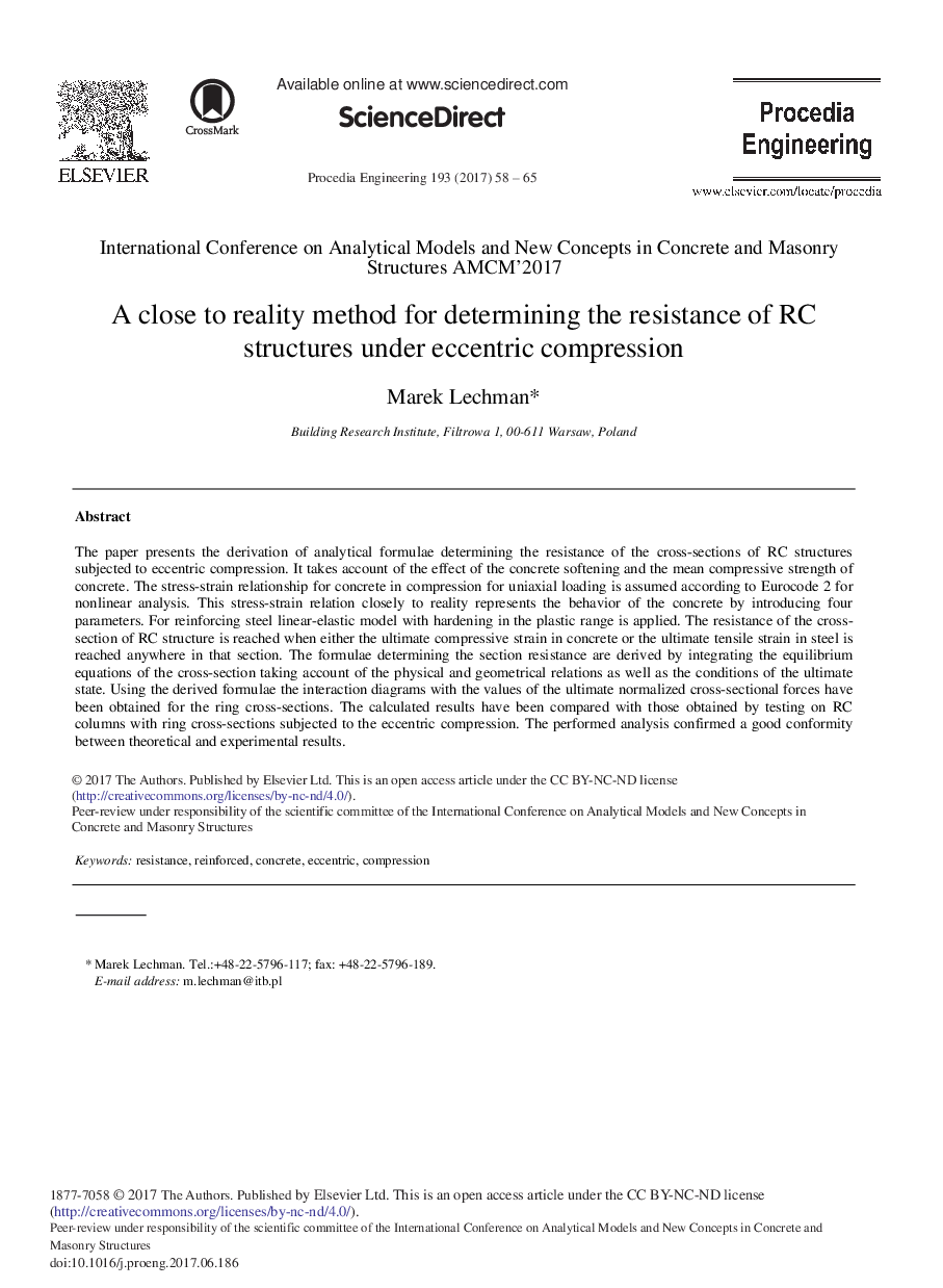 A Close to Reality Method for Determining the Resistance of RC Structures under Eccentric Compression