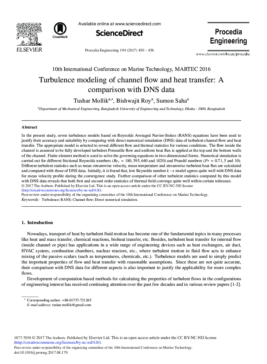 Turbulence Modeling of Channel Flow and Heat Transfer: A Comparison with DNS Data