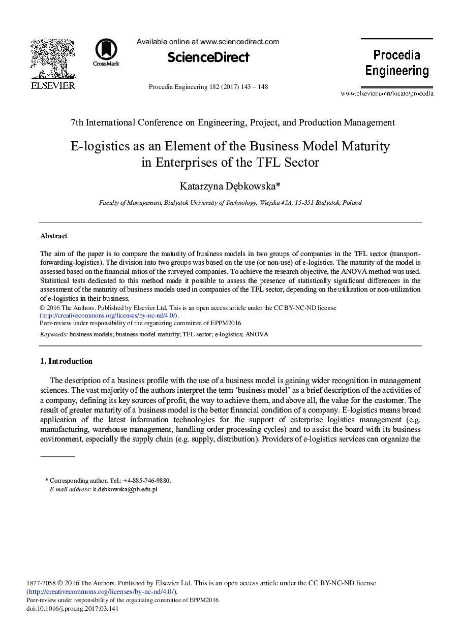 E-logistics as an Element of the Business Model Maturity in Enterprises of the TFL Sector