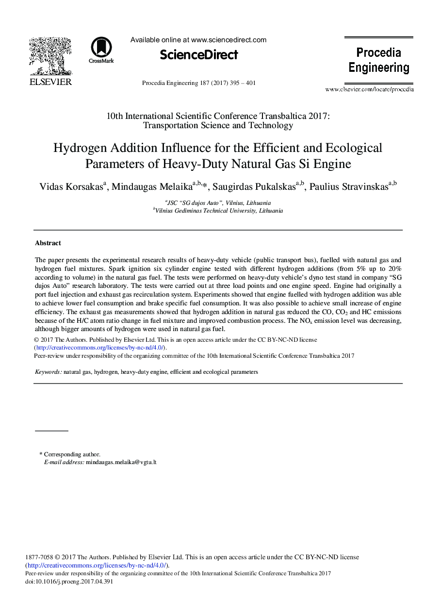 اثر افزایشی هیدروژن برای پارامترهای کارآمد و محیطی موتور سنگین گاز طبیعی سنگین 