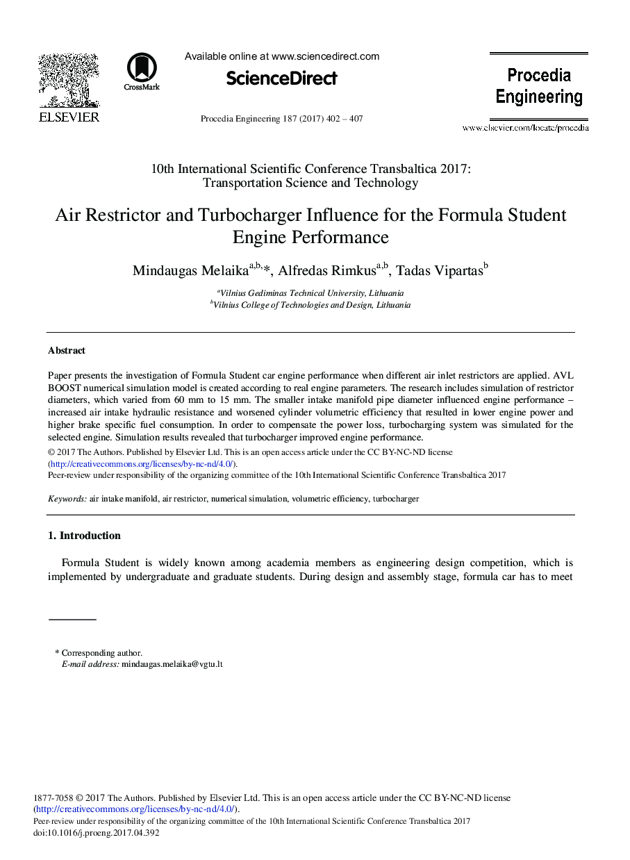 Air Restrictor and Turbocharger Influence for the Formula Student Engine Performance