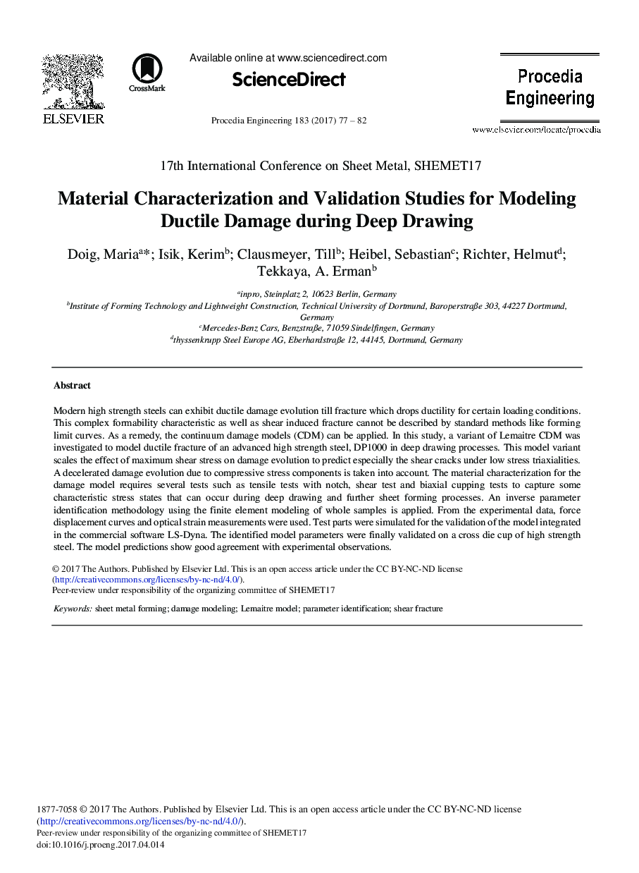 Material Characterization and Validation Studies for Modeling Ductile Damage during Deep Drawing