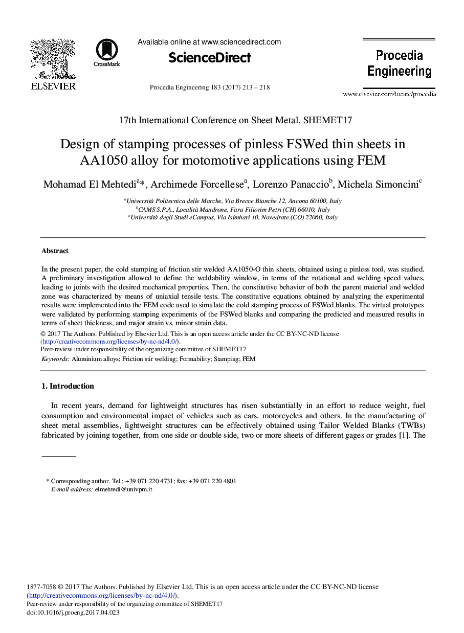 Design of Stamping Processes of Pinless FSWed Thin Sheets in AA1050 Alloy for Motomotive Applications Using FEM