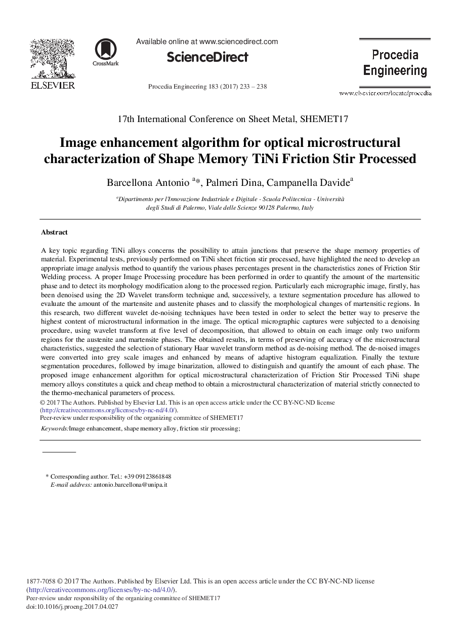 Image Enhancement Algorithm for Optical Microstructural Characterization of Shape Memory TiNi Friction Stir Processed