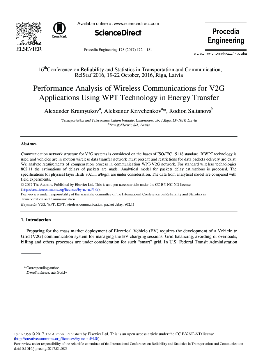 Performance Analysis of Wireless Communications for V2G Applications Using WPT Technology in Energy Transfer