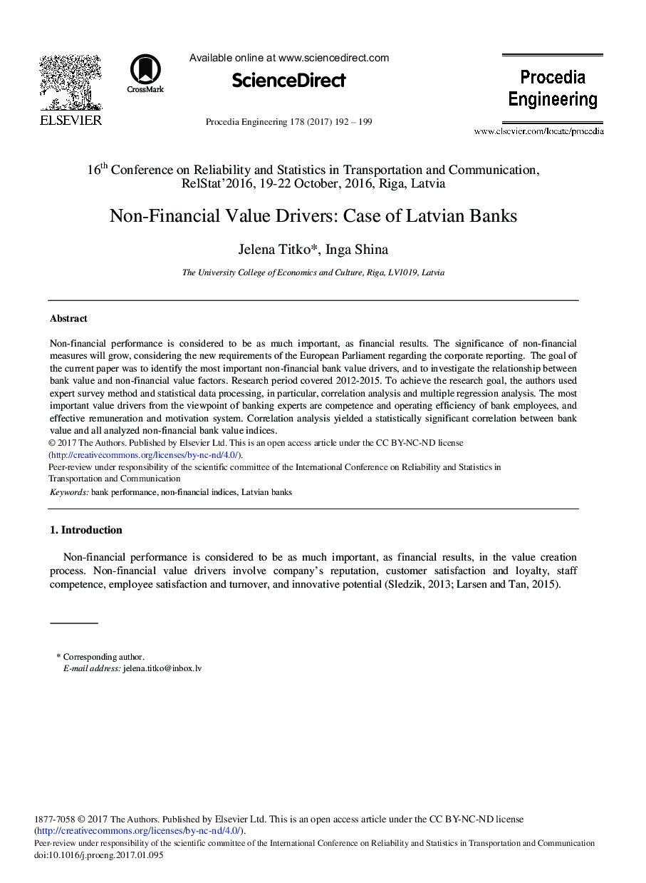 Non-financial Value Drivers: Case of Latvian Banks