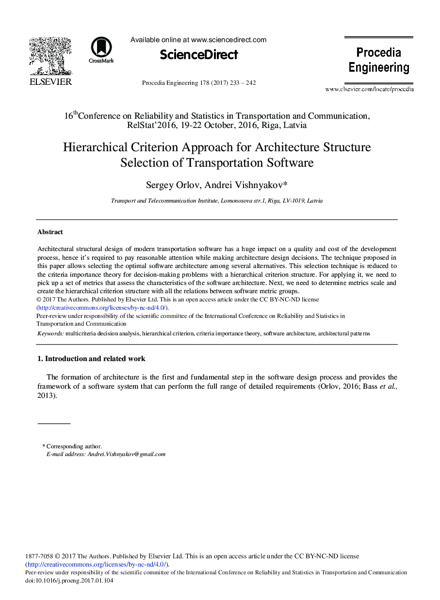 Hierarchical Criterion Approach for Architecture Structure Selection of Transportation Software