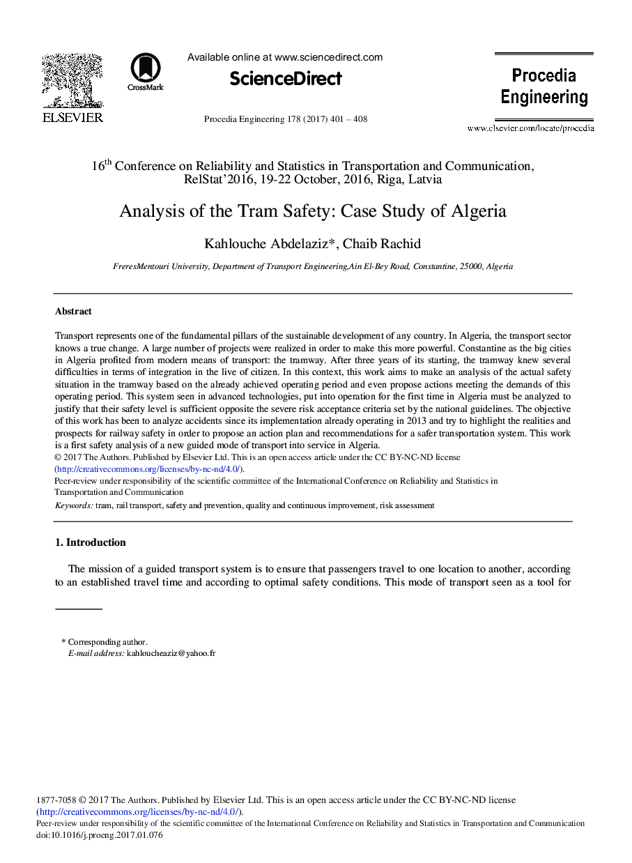 Analysis of the Tram Safety: Case Study of Algeria