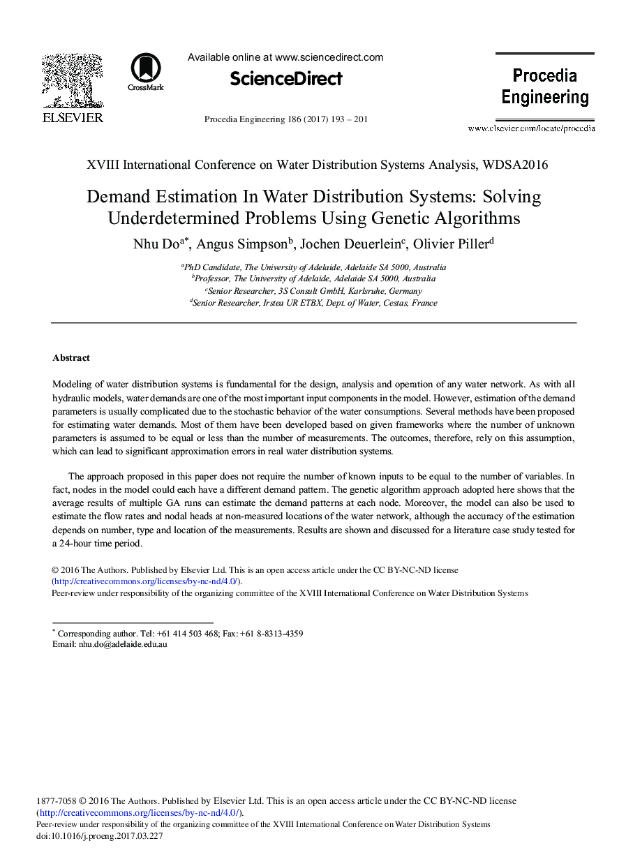 Demand Estimation In Water Distribution Systems: Solving Underdetermined Problems Using Genetic Algorithms