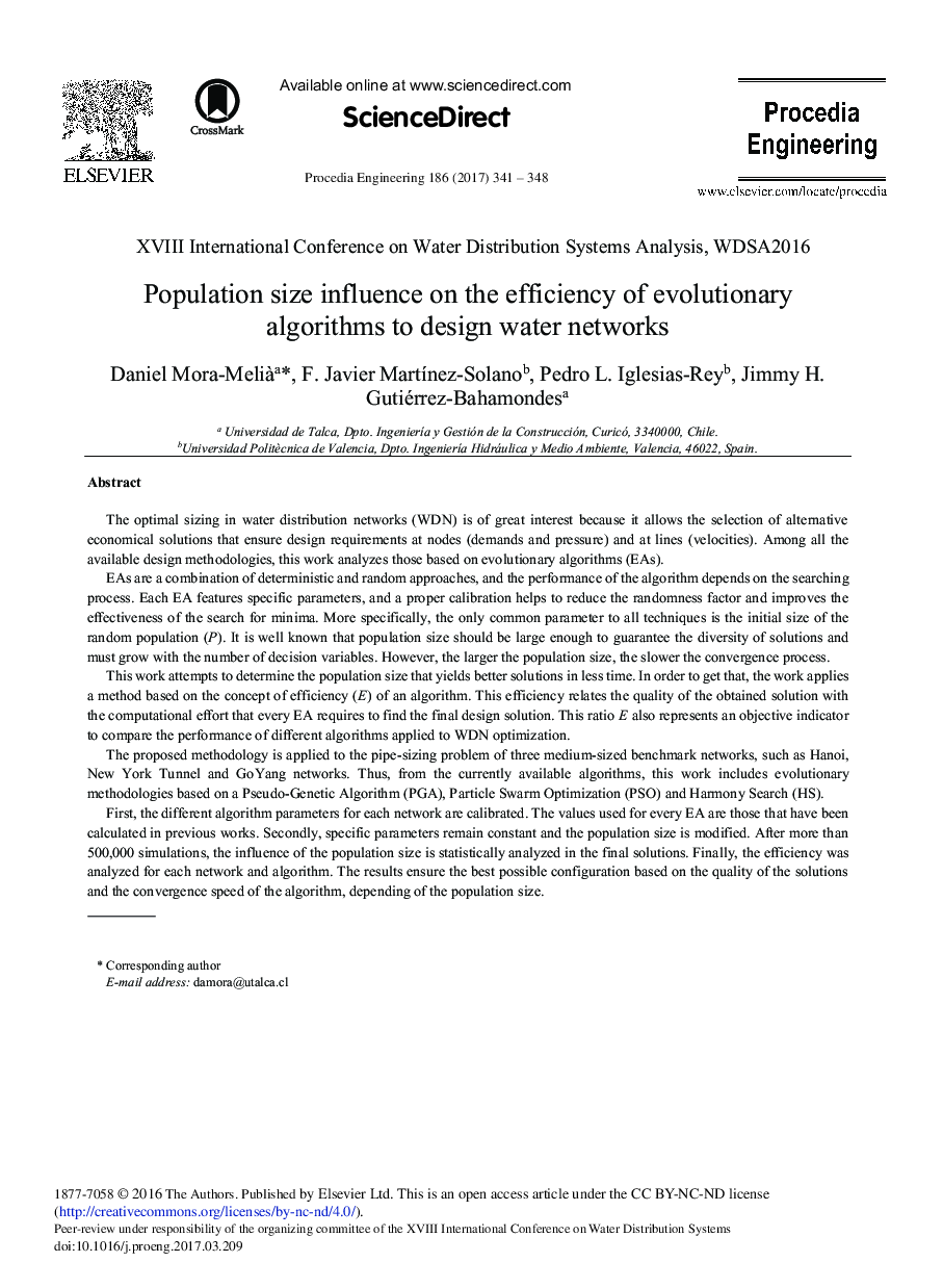 تأثیر اندازه جمعیت بر کارایی الگوریتم های تکاملی برای طراحی شبکه های آب 