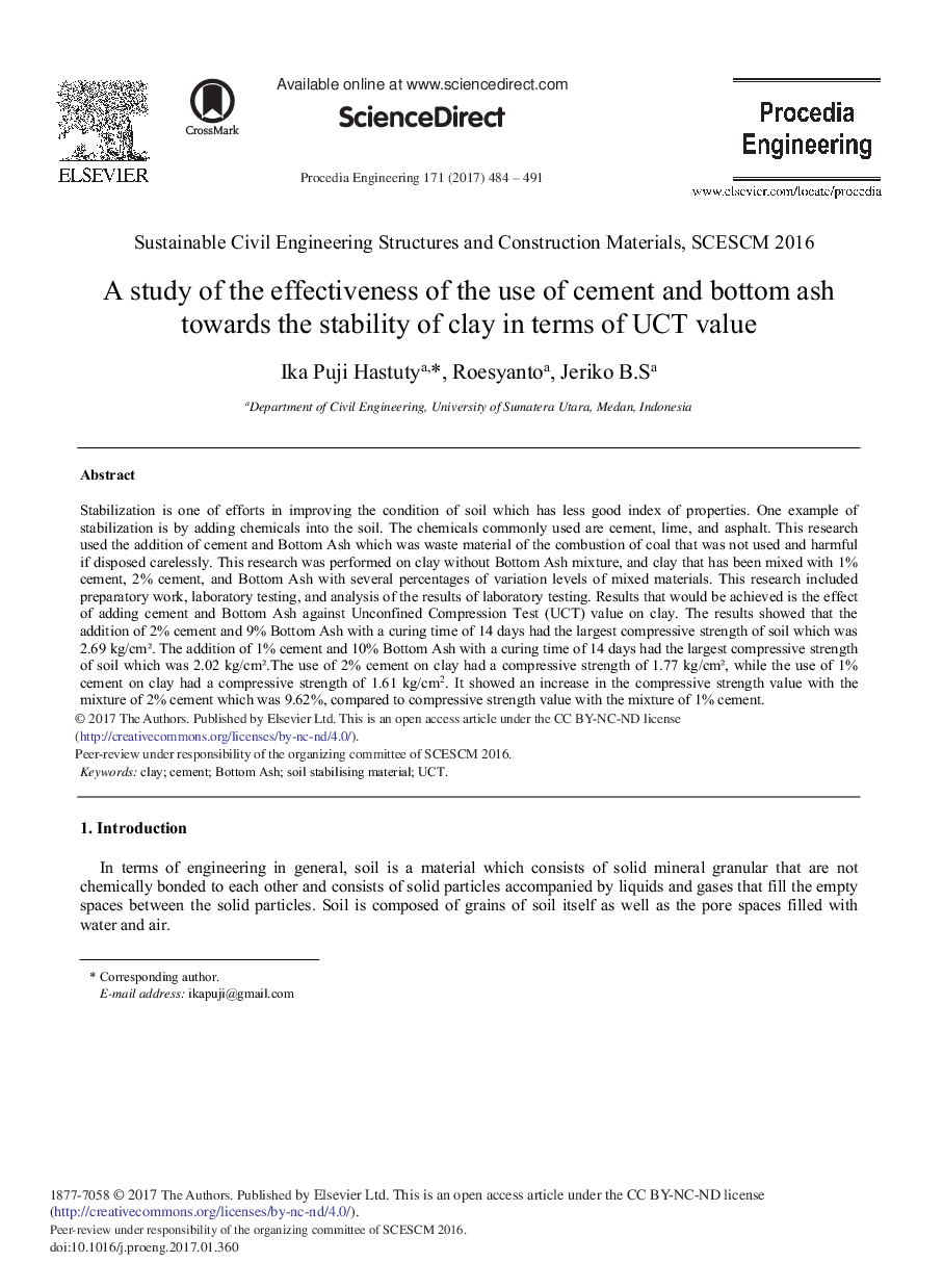 A Study of the Effectiveness of the Use of Cement and Bottom ash Towards the Stability of Clay in Terms of UCT Value