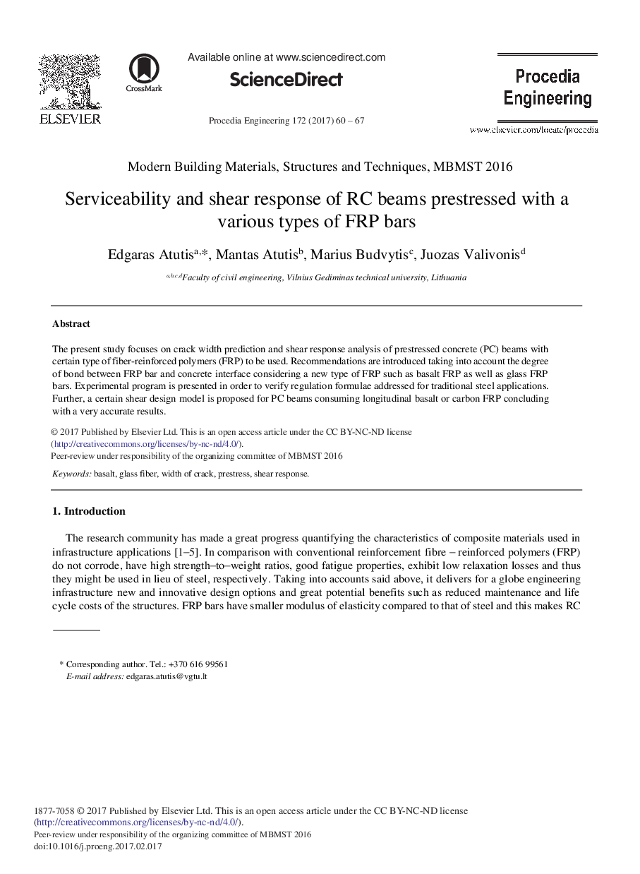 Serviceability and Shear Response of RC Beams Prestressed with a Various Types of FRP Bars