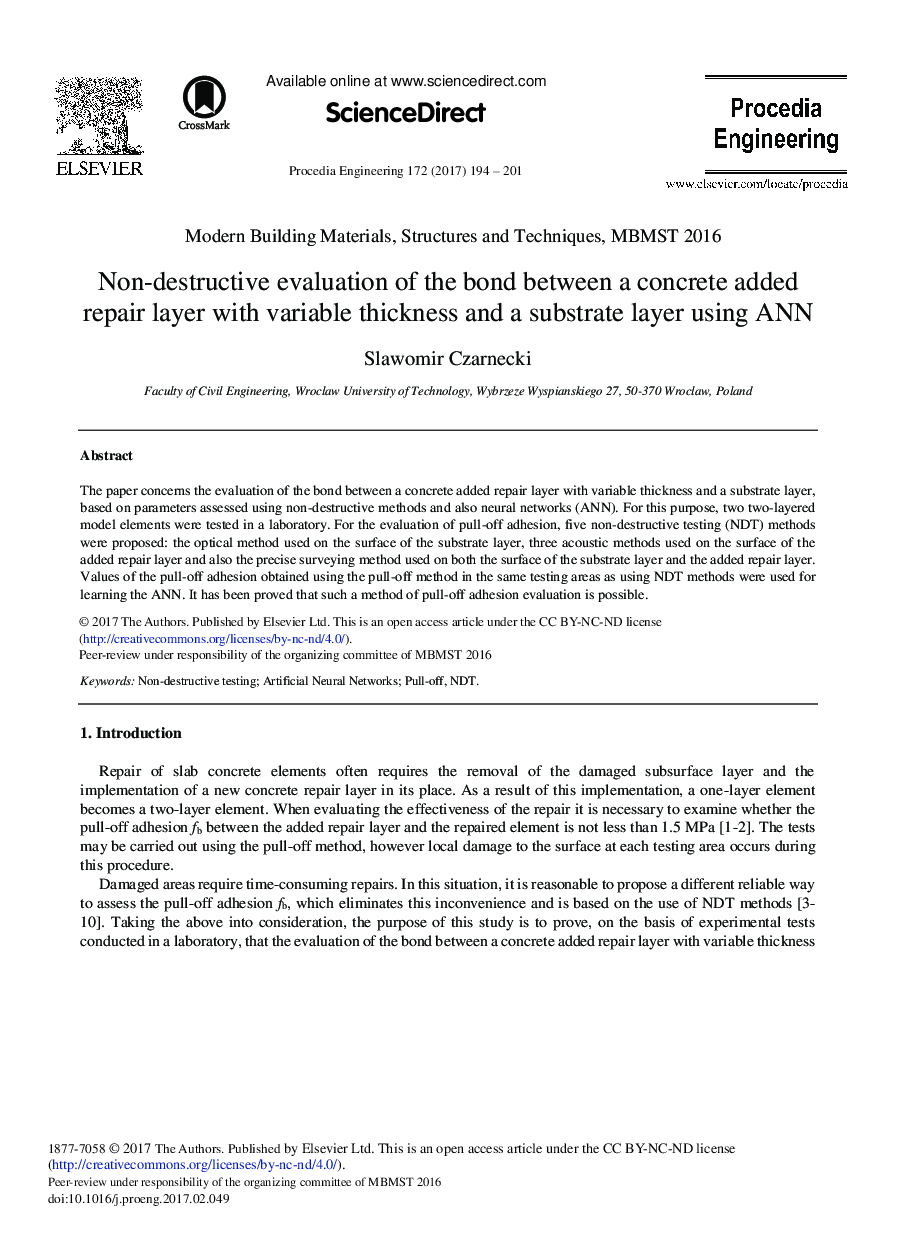 Non-destructive Evaluation of the Bond Between a Concrete Added Repair Layer with Variable Thickness and a Substrate Layer Using ANN