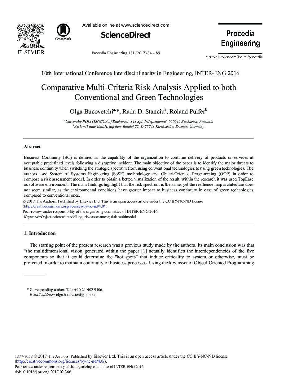 Comparative Multi-Criteria Risk Analysis Applied to both Conventional and Green Technologies