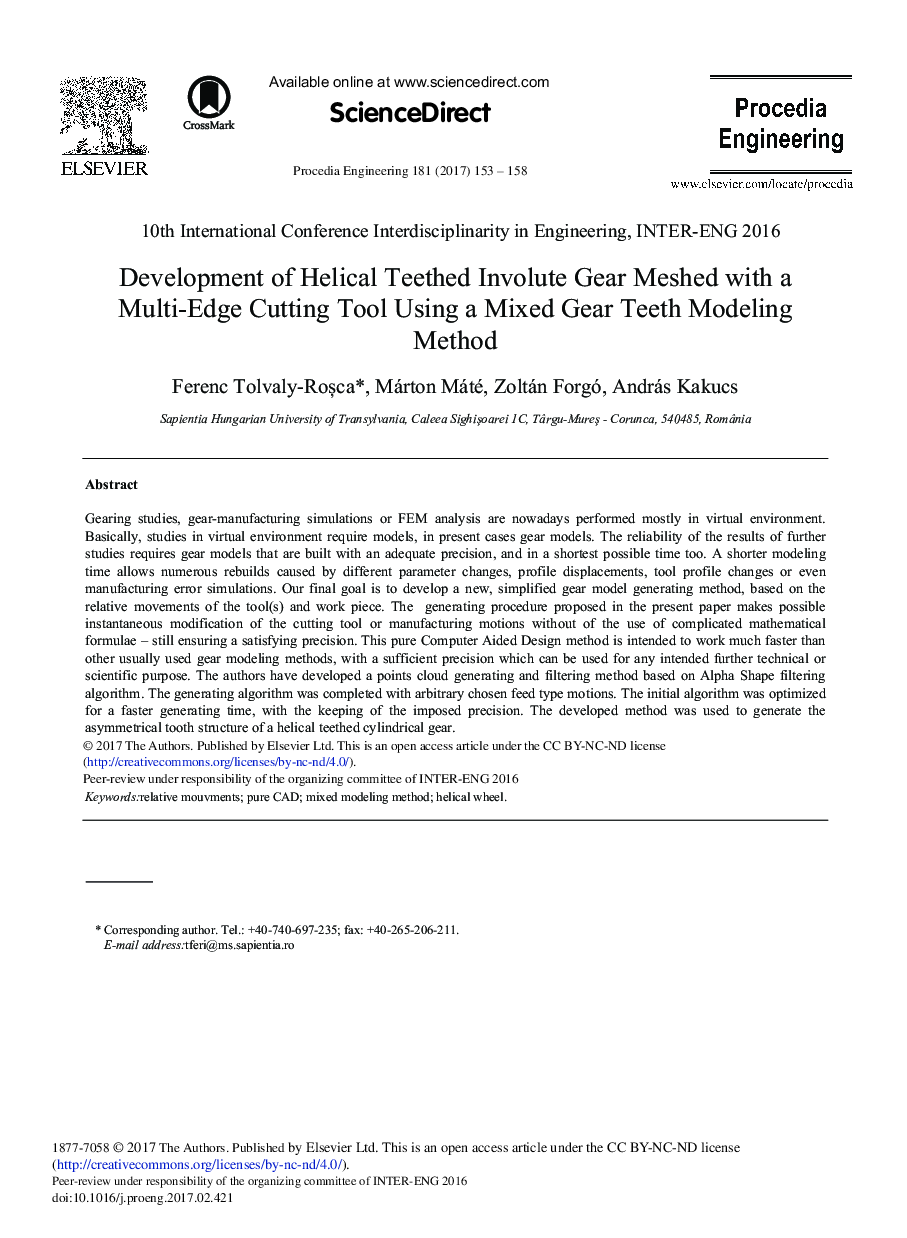 Development of Helical Teethed Involute Gear Meshed with a Multi-Edge Cutting Tool Using a Mixed Gear Teeth Modeling Method