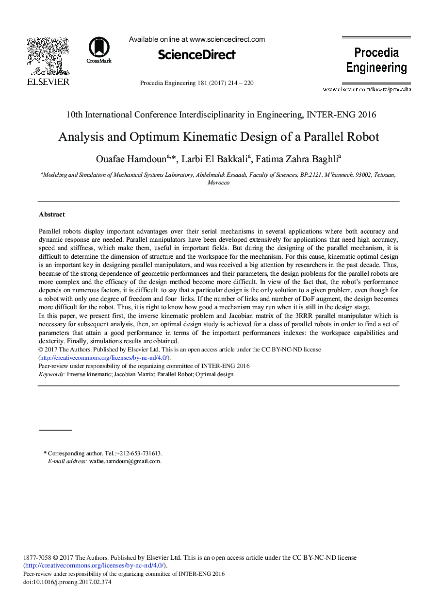 Analysis and Optimum Kinematic Design of a Parallel Robot