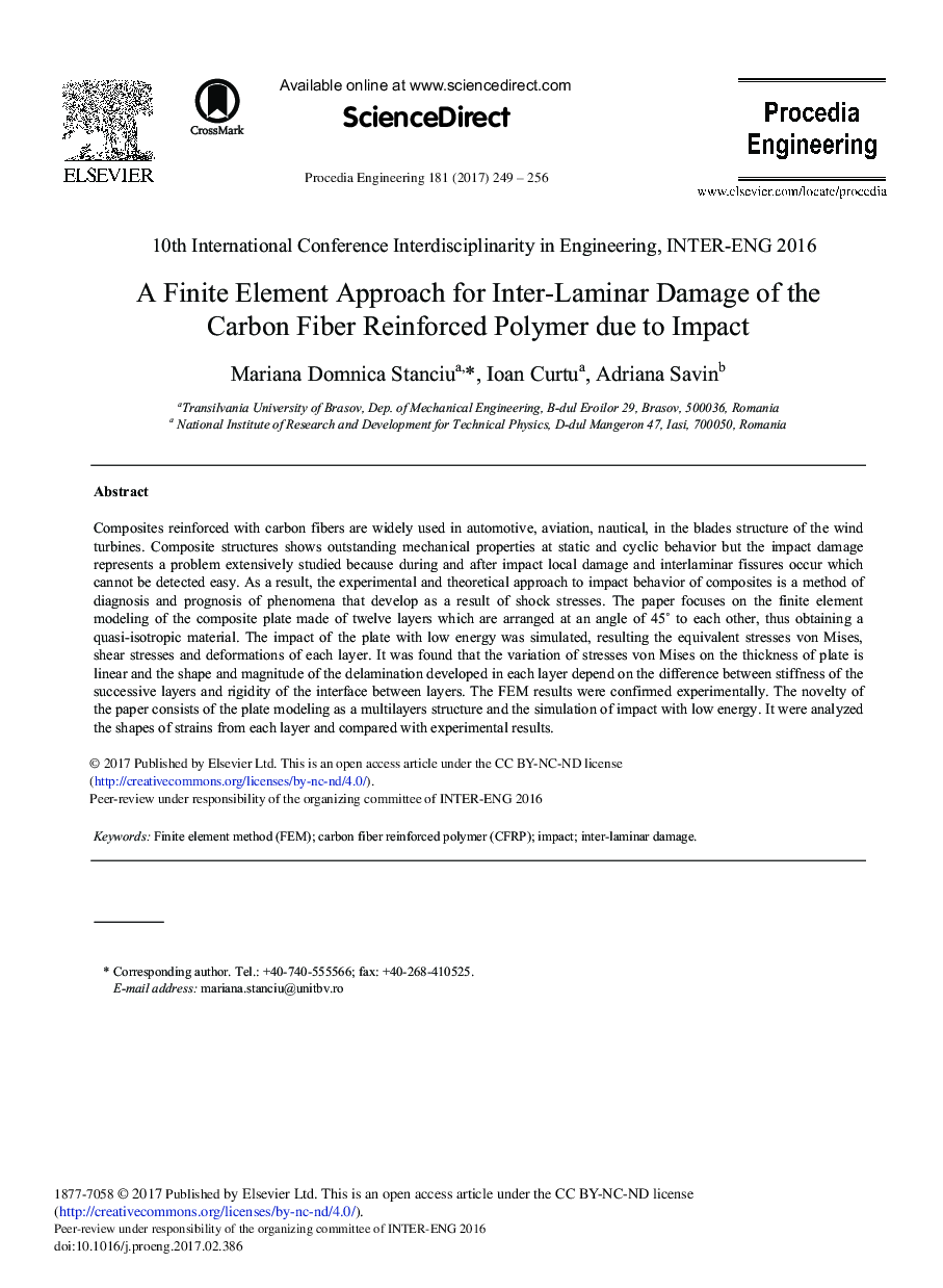 A Finite Element Approach for Inter-Laminar Damage of the Carbon Fiber Reinforced Polymer due to Impact