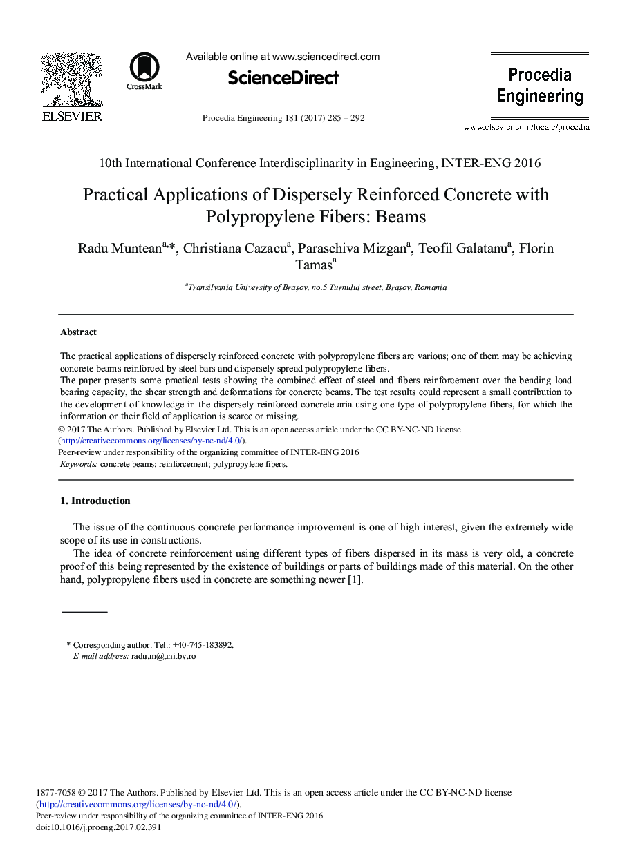 Practical Applications of Dispersely Reinforced Concrete with Polypropylene Fibers: Beams