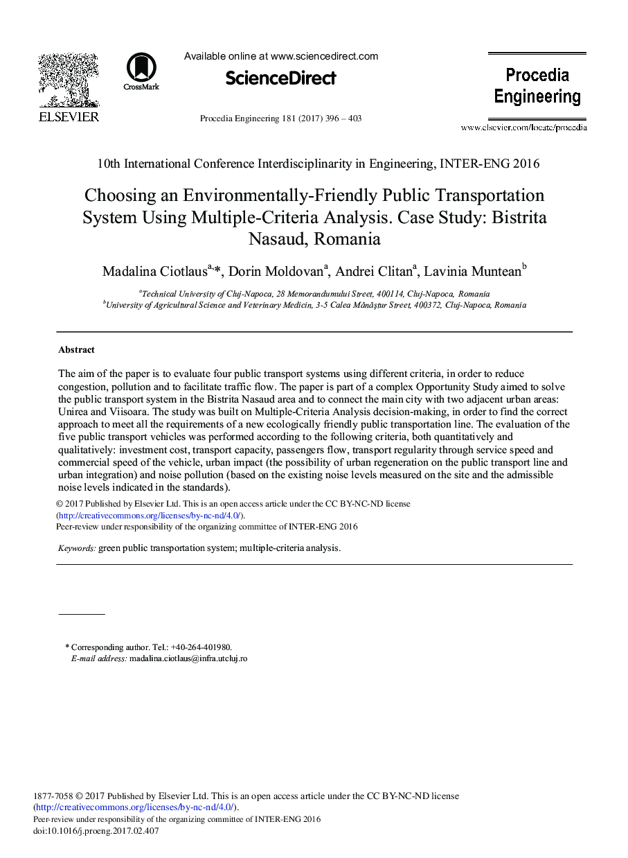 Choosing an Environmentally-Friendly Public Transportation System Using Multiple-Criteria Analysis. Case Study: Bistrita Nasaud, Romania