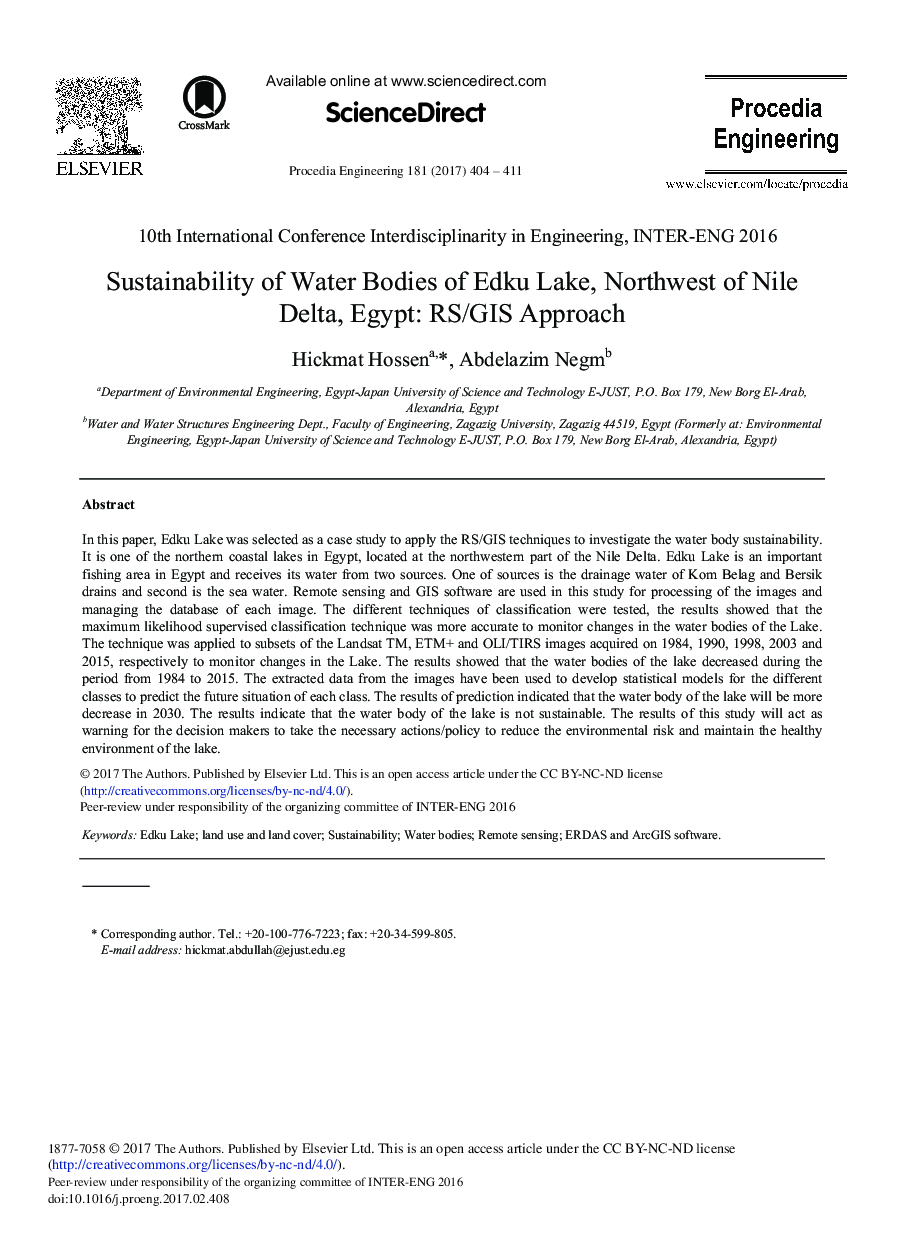 Sustainability of Water Bodies of Edku Lake, Northwest of Nile Delta, Egypt: RS/GIS Approach