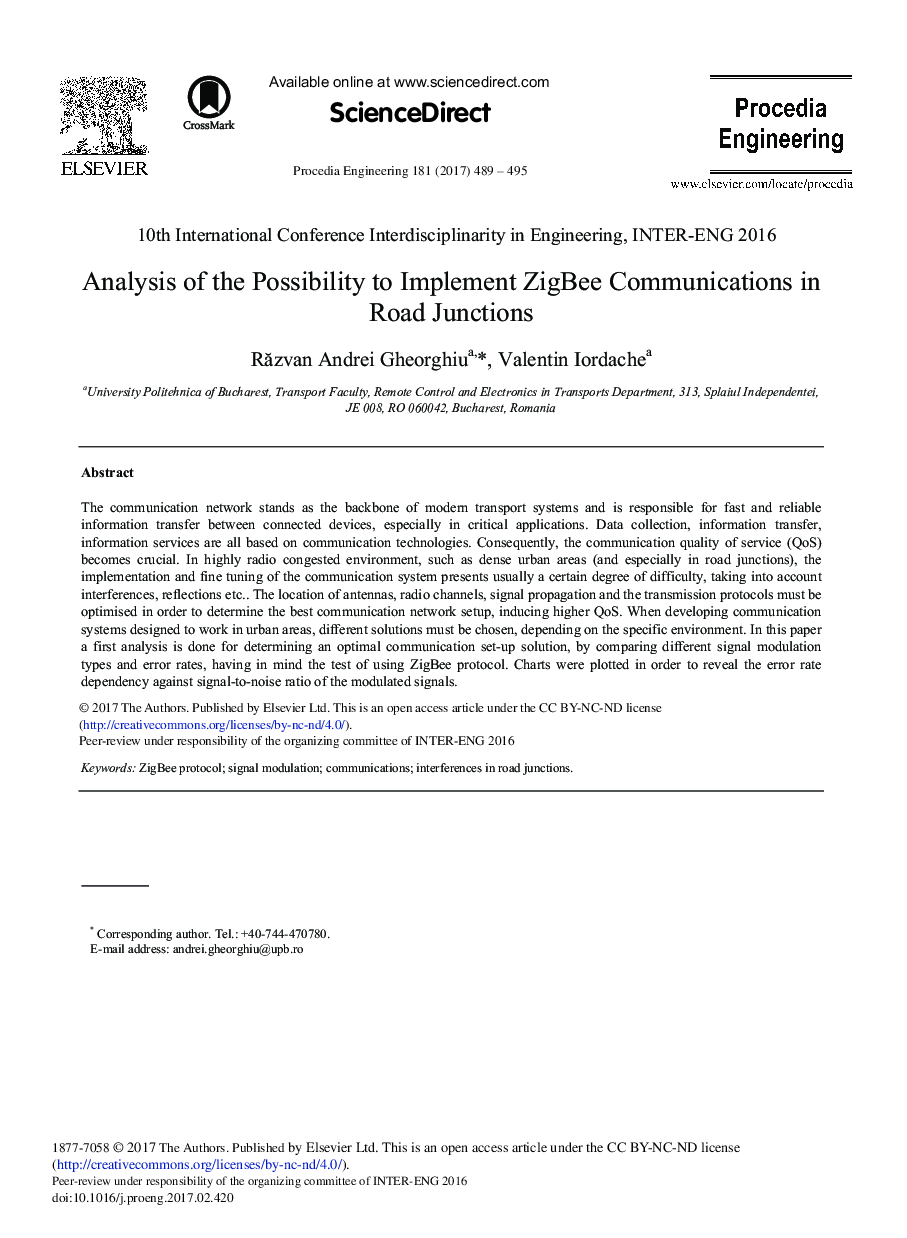 Analysis of the Possibility to Implement ZigBee Communications in Road Junctions