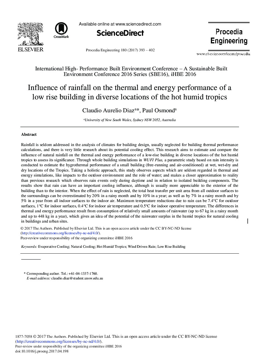 Influence of Rainfall on the Thermal and Energy Performance of a Low Rise Building in Diverse Locations of the Hot Humid Tropics