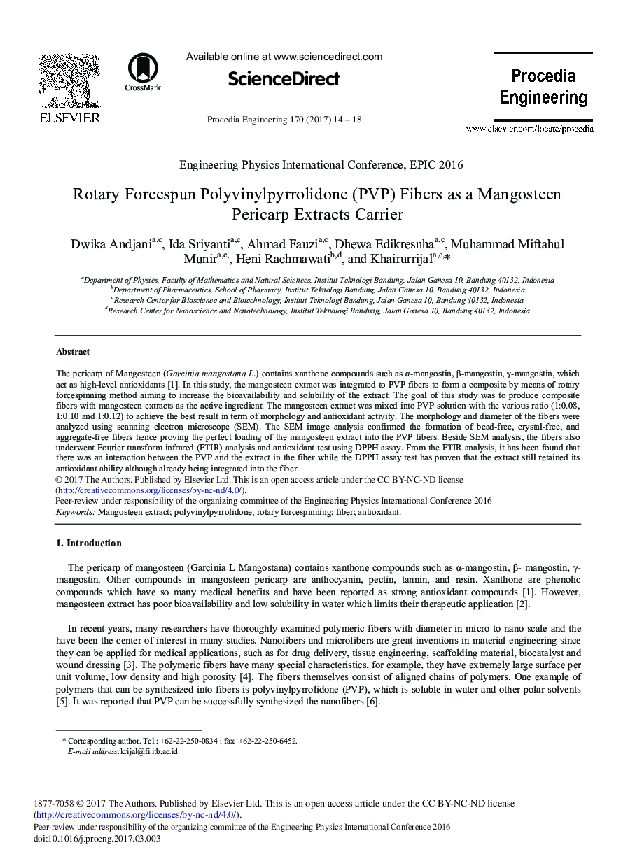 Rotary Forcespun Polyvinylpyrrolidone (PVP) Fibers as a Mangosteen Pericarp Extracts Carrier