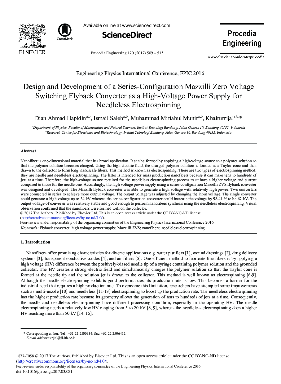 Design and Development of a Series-configuration Mazzilli Zero Voltage Switching Flyback Converter as a High-voltage Power Supply for Needleless Electrospinning