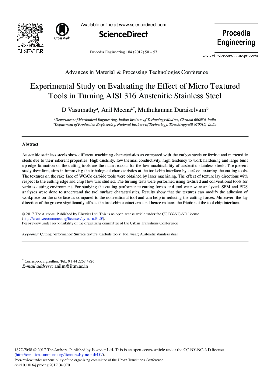 Experimental Study on Evaluating the Effect of Micro Textured Tools in Turning AISI 316 Austenitic Stainless Steel