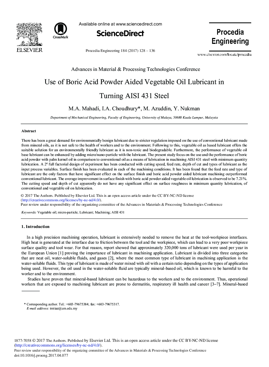 Use of Boric Acid Powder Aided Vegetable Oil Lubricant in Turning AISI 431 Steel