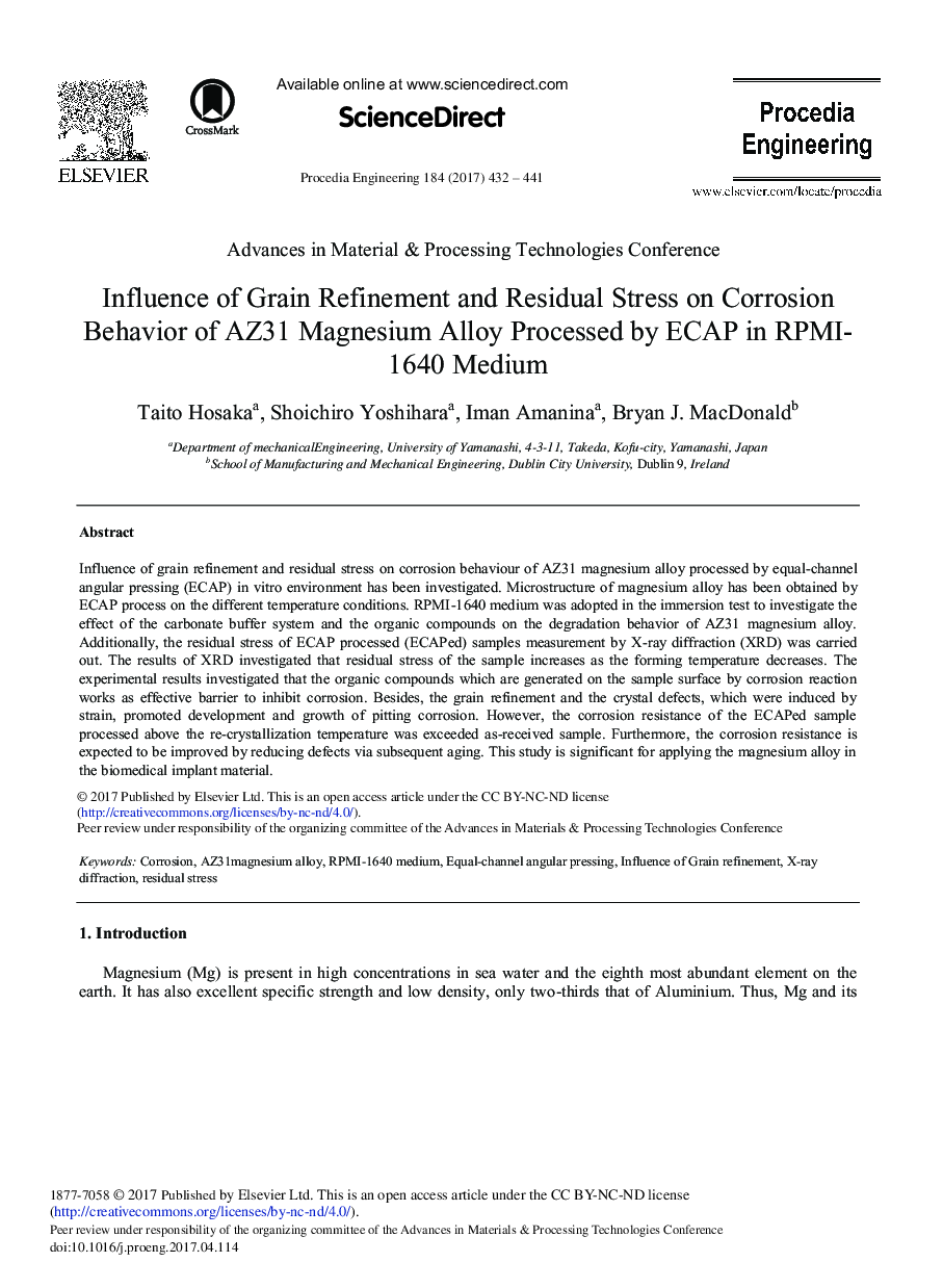 Influence of Grain Refinement and Residual Stress on Corrosion Behavior of AZ31 Magnesium Alloy Processed by ECAP in RPMI-1640 Medium