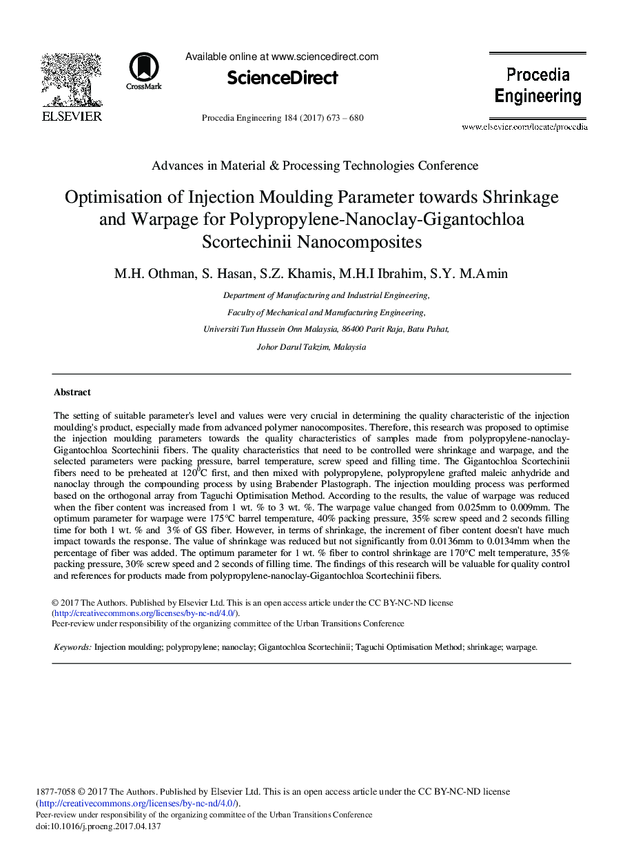 Optimisation of Injection Moulding Parameter towards Shrinkage and Warpage for Polypropylene-Nanoclay-Gigantochloa Scortechinii Nanocomposites