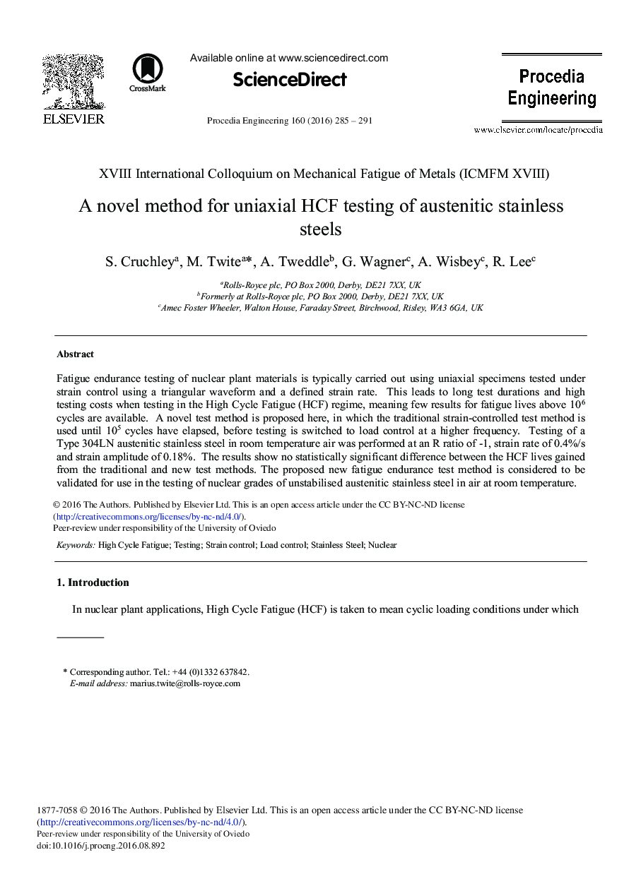 A Novel Method for Uniaxial HCF Testing of Austenitic Stainless Steels