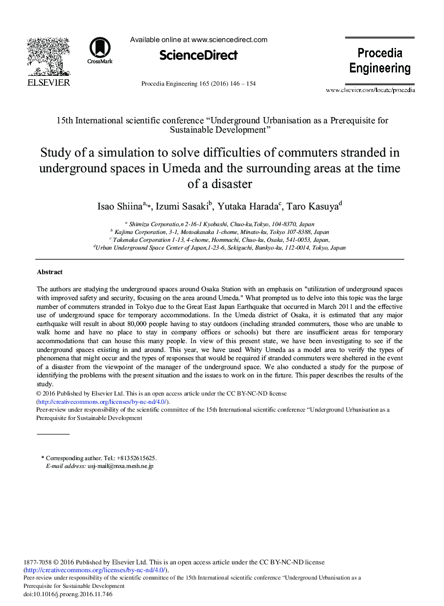 Study of a Simulation to Solve Difficulties of Commuters Stranded in Underground Spaces in Umeda and the Surrounding Areas at the Time of a Disaster