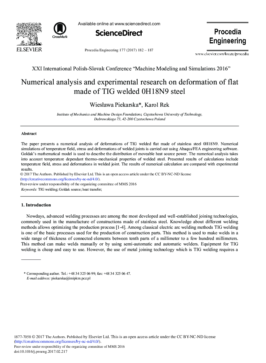 Numerical Analysis and Experimental Research on Deformation of Flat Made of TIG Welded 0H18N9 Steel