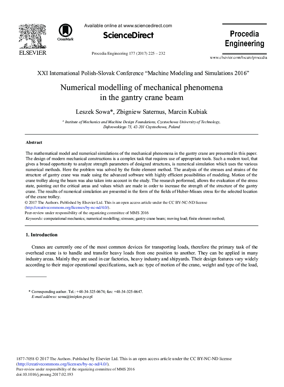 Numerical Modelling of Mechanical Phenomena in the Gantry Crane Beam