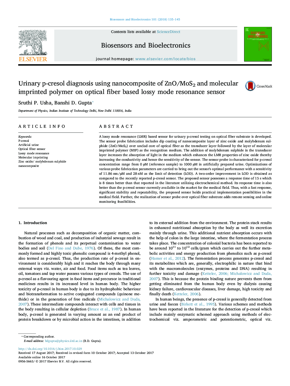Urinary p-cresol diagnosis using nanocomposite of ZnO/MoS2 and molecular imprinted polymer on optical fiber based lossy mode resonance sensor