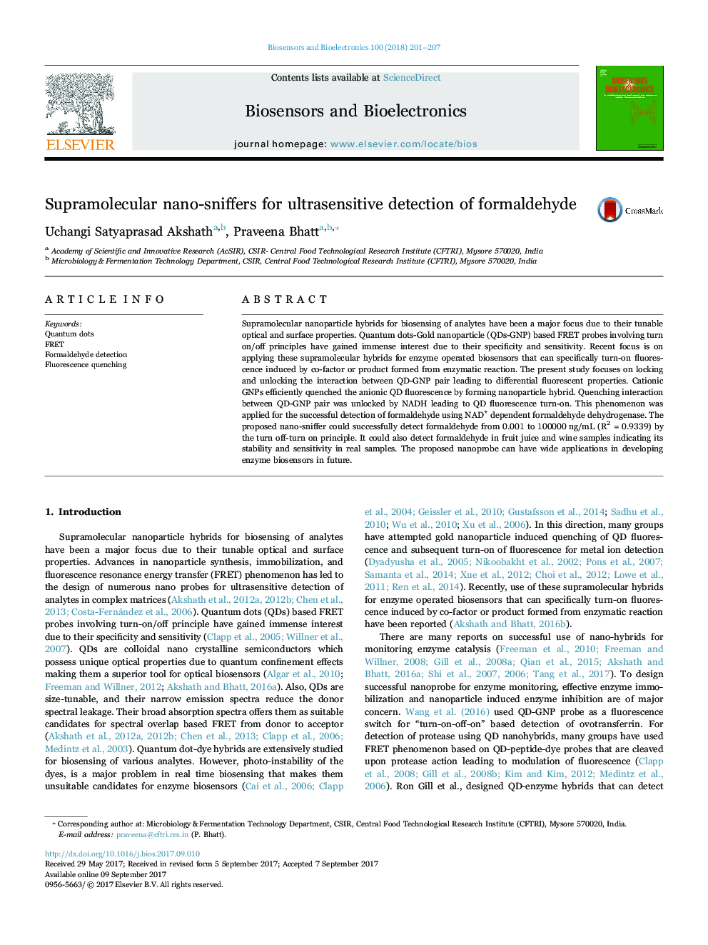 Supramolecular nano-sniffers for ultrasensitive detection of formaldehyde