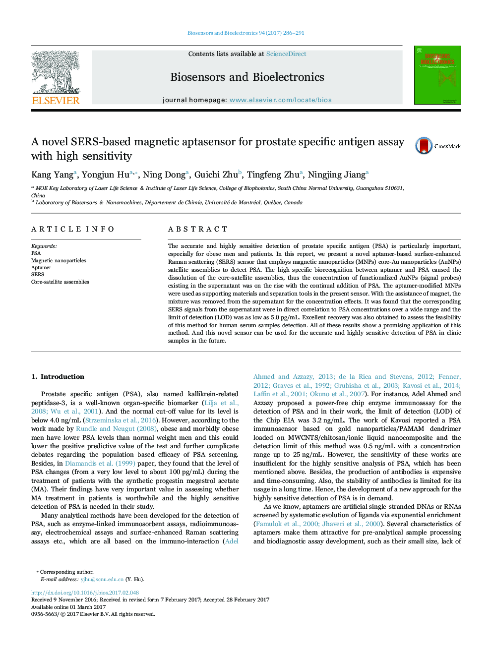 A novel SERS-based magnetic aptasensor for prostate specific antigen assay with high sensitivity